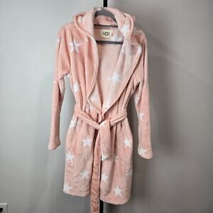 Ugg Miranda Star Print Hooded Bath Robe Pink Fluffy Plush Lounge Spa Women Large